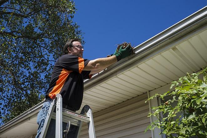 a worker using a ladder to fix a damaged gutter in Buena, NJ